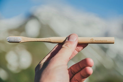 A BAMWOO bamboo toothbrush held up in front of a mountain on a hiking trip in the Austrian Alps