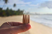 Man holding bamboo interdental brushes on a beach