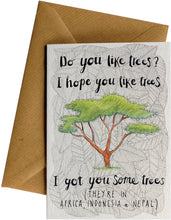 Front of BAMWOO's "Do you like trees?" gift card