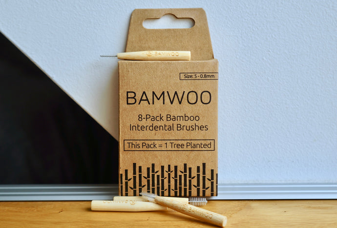 A pack of BAMWOO's eco-friendly bamboo interdental brushes