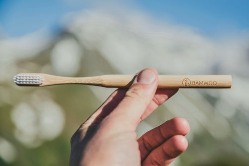 A BAMWOO bamboo toothbrush held up in front of a mountain on a hiking trip in the Austrian Alps 