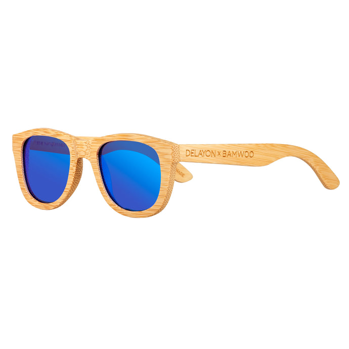 Eco Bamboo Jungle Sunglasses from BAMWOO x DELAYON in light bamboo colour with space blue polarised lenses